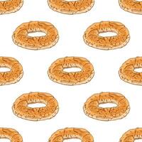 Hand drawn seamless pattern of simit bread rings in engraving sketch style, color and monochrome vector