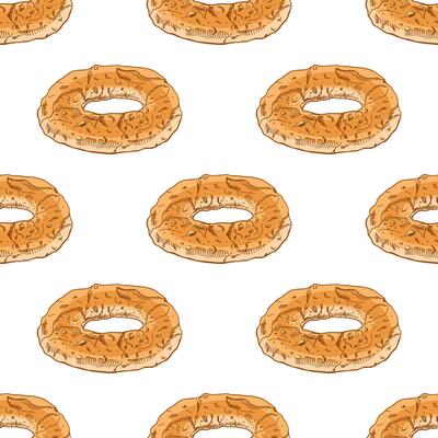 Hand drawn seamless pattern of simit bread rings in engraving sketch style, color and monochrome