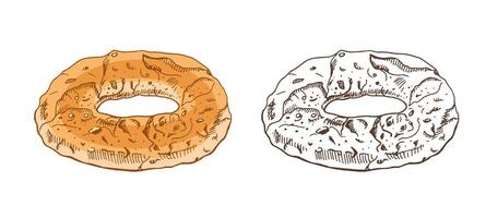 Hand drawn vintage sketch of traditional round bread ring in color and monochrome version, isolated illustration vector