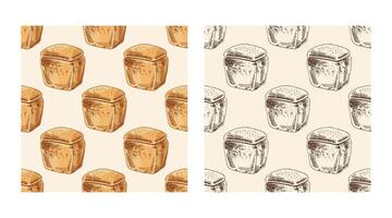 Hand drawn seamless pattern of loaf bread in brown ink engraving style, color and monochrome version vector