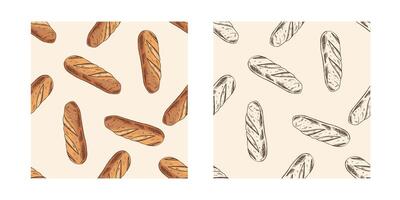 Hand drawn vintage seamless pattern of baguette bread in color and monochrome version on beige background vector