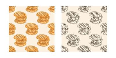 Hand drawn seamless pattern of stacked flatbreads or homemade cookies in engraving style, color and monochrome versions on beige background vector