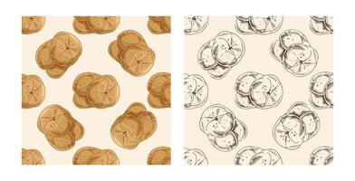 Hand drawn vintage seamless pattern of bread rolls in engraving sketch style, color and monochrome version set vector