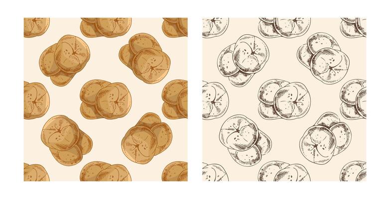 Hand drawn vintage seamless pattern of bread rolls in engraving sketch style, color and monochrome version set