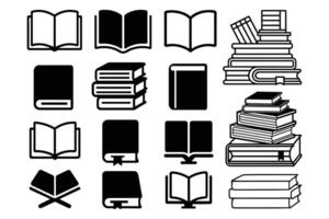 Black and White Book Icons Set Open, Closed, Stacked Book Collection vector
