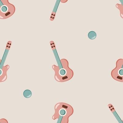 Retro guitar pattern with teal circles on light background