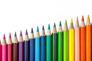 colored pencils Set, A row of colorful pencils arranged in a Spectrum gradient from. photo