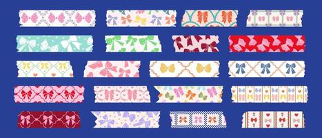 Collection of washi tapes with cute bows. Colorful strips for scrapbooking, self-adhesive labels with bows. vector