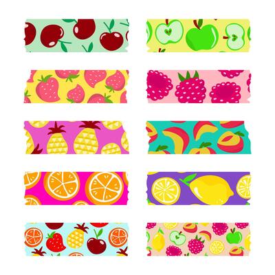 Washi tapes with fruits and berries, sticky stickers, scrapbooking elements.