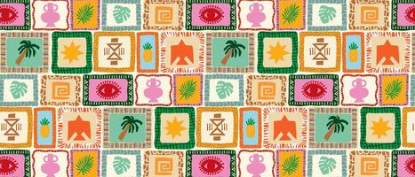 Summer tropical patchwork seamless retro pattern in ethnic style. vector