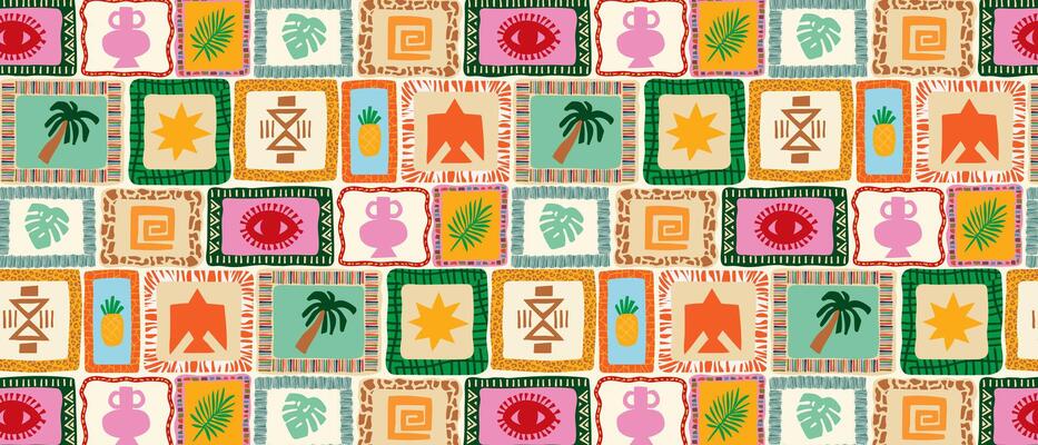 Summer tropical patchwork seamless retro pattern in ethnic style.