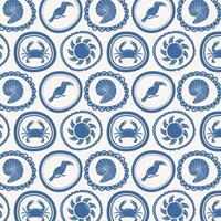Marine pattern with crab, sun, toucan and shells. Summer background in retro style. vector