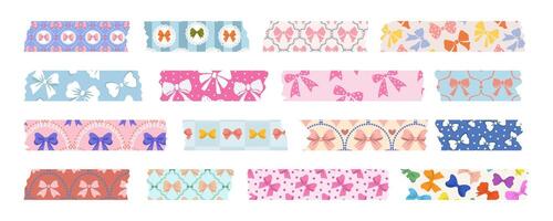Collection of washi tapes with bows. Colorful strips for scrapbooking, sticky labels and decorative tape. Border elements, paper stickers. vector