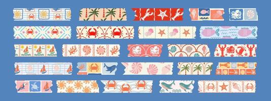 Collection of washi tapes. Colorful strips with marine elements for scrapbooking, sticky labels and decorative tape. Border elements, paper stickers. vector