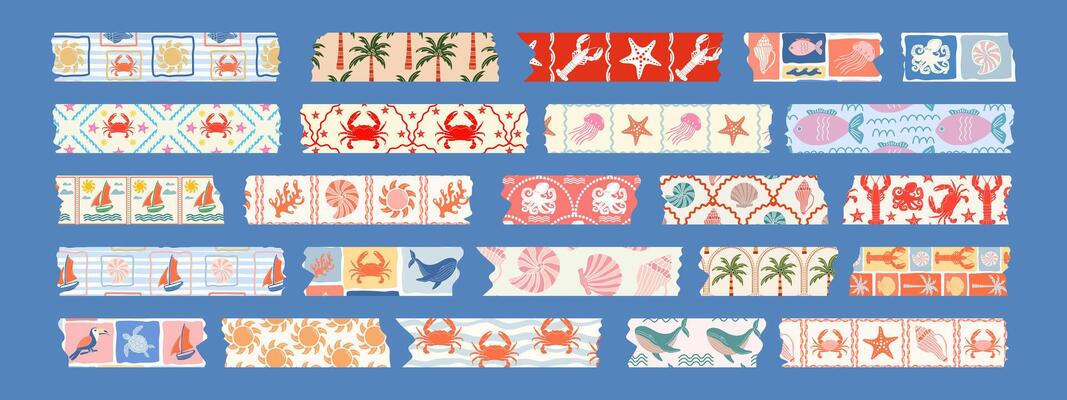 Collection of washi tapes. Colorful strips with marine elements for scrapbooking, sticky labels and decorative tape. Border elements, paper stickers.