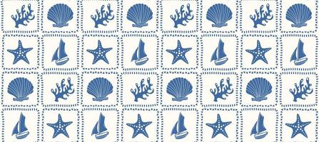 Marine pattern with shells, corals and ship. Summer background in retro style. vector