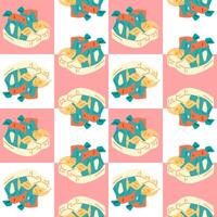 Colorful Sneakers Seamless Pattern Design. Bright cartoon sneakers arranged in seamless repeat. Flat style illustration with playful color palette on pink and white checkered background. vector