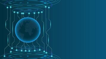 Futuristic technology background featuring a glowing digital globe at the center, surrounded by circuit lines and interface elements. Conveys global communication and innovation. vector