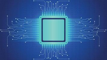Futuristic digital background featuring a glowing microchip at the center with abstract circuitry lines and binary code overlay. High tech electronics concept for technology themes. vector