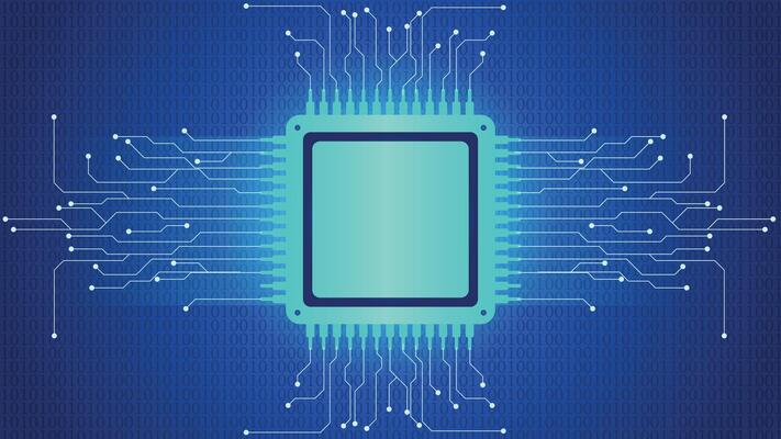 Futuristic digital background featuring a glowing microchip at the center with abstract circuitry lines and binary code overlay. High tech electronics concept for technology themes.