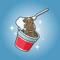 Cartoon Noodle Cup Floating With Fork vector