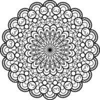 Symmetrical circular mandala in black and white, featuring intricate abstract patterns like swirls, stars, and teardrops. Ideal for coloring pages, tattoos, meditation, or decorative art vector