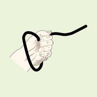 Illustration of a hand holding a rope with a heart shaped knot. A person's hand is holding a black rope and preparing to pull it. Design element illustration of entanglement vector