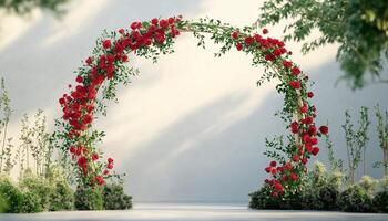 Wedding arch circle red rose romantic gate decoration pathway photo
