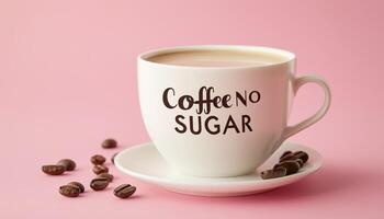 Coffee on white ceramic mug cup with text no sugar bean in pink background photo