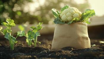 Cauliflower vegetable on sack bag healthy organic agriculture product photo