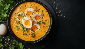 Egg boiled curry soup spicy meal for lunch on bowl photo