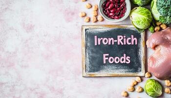 Collection iron rich foods with broccoli, brussels sprout, chicken and bean photo