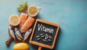 Vitamin D rich food with salmon sardines and board name on blue background photo