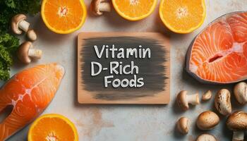 Vitamin D rich food with salmon sardines and board name on wooden background photo