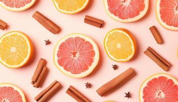 Herb cinnamon, grapefruit and orange slice seamless pattern pink background photo