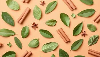 Cinnamon and star anise herb seamless pattern background on peach solid background photo