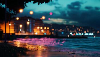 Twilight and beach blurred light on horizon sunset or sunrise with resort shadow photo