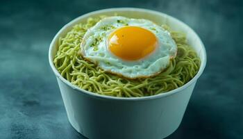 Gluten free green Mie noodles with egg on blank white paper bowl dark background photo