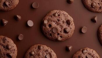 Chocolate chips cookies snack food pattern diagonal seamless with brown background photo