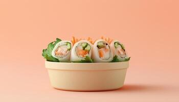 Spring roll with vegetable, and meat on compostable paper bowl eco packaging recycle product photo