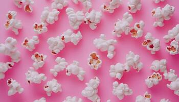 Popcorn white crunchy salty snack for relax time on pink background photo