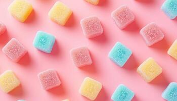 Gummy candy pattern diagonal seamless colorful fruity flavor on pink background photo