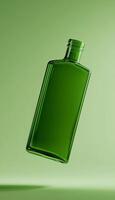 Green glass bottle water liquid container with deep vertical background photo