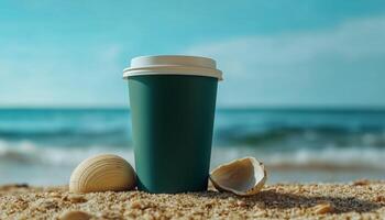 Green blank matte paper cup disposable brand color mockup container on sand beach with blue sky photo