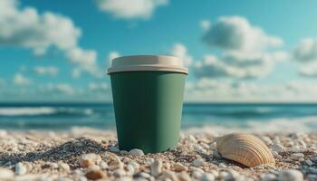 Green matte paper cup disposable brand color mockup container on sand beach with blue sky photo