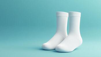 White sock mockup blank white mockup for brand display on pastel blue solid background photo