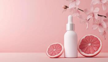 Bottle pipette serum grapefruit essential with fruit slice on pink background photo