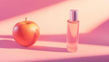 Perfume apple scent on transparent bottle liquid on pink background photo