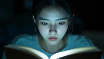 A young female reading a book on dark lamp photo