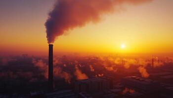 Sunset and smoke from industrial chimney with silhouette orange sky view photo
